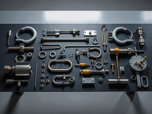 专业管道疏通设备整齐摆放，各种型号疏通工具，干净整洁的工作台面，明亮自然光