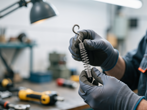 专业管道疏通师傅，身穿蓝色工作服，手持疏通工具，专注工作状态，明亮自然光